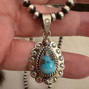 ❤️ Blue Ridge Turquoise Navajo Style Pendant Matte Brushed Sterling 1.49”L